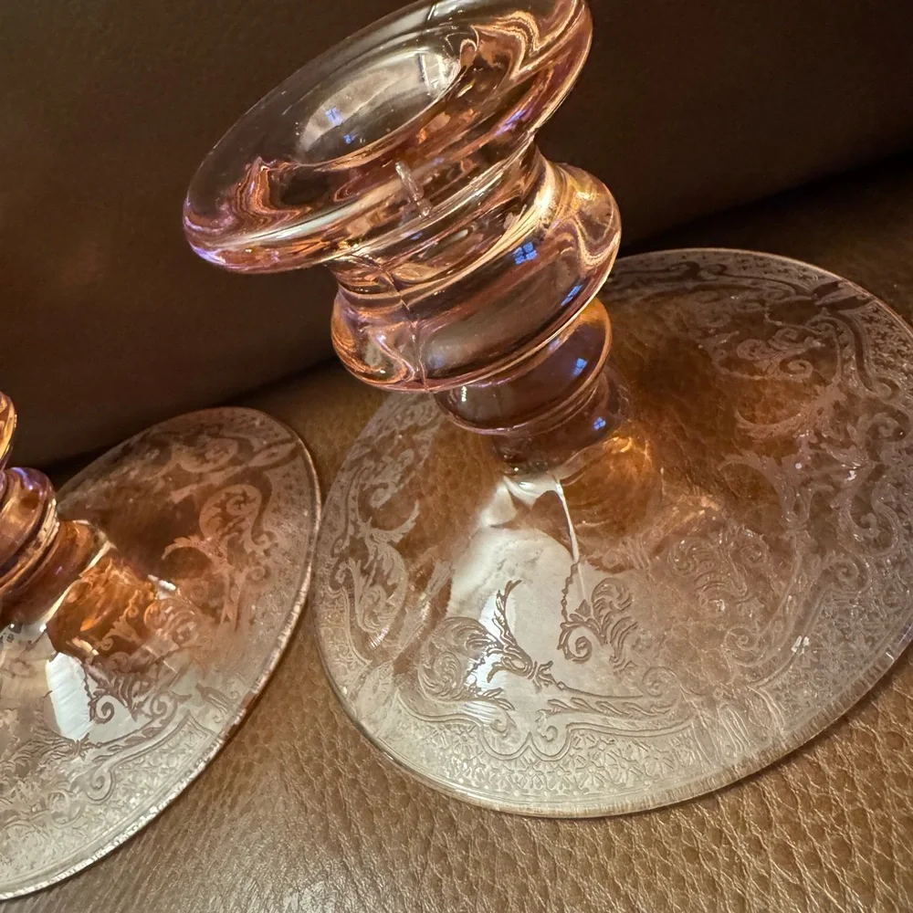 VTG elegant Heisey Mars flamingo pink depression glass candle stick holders